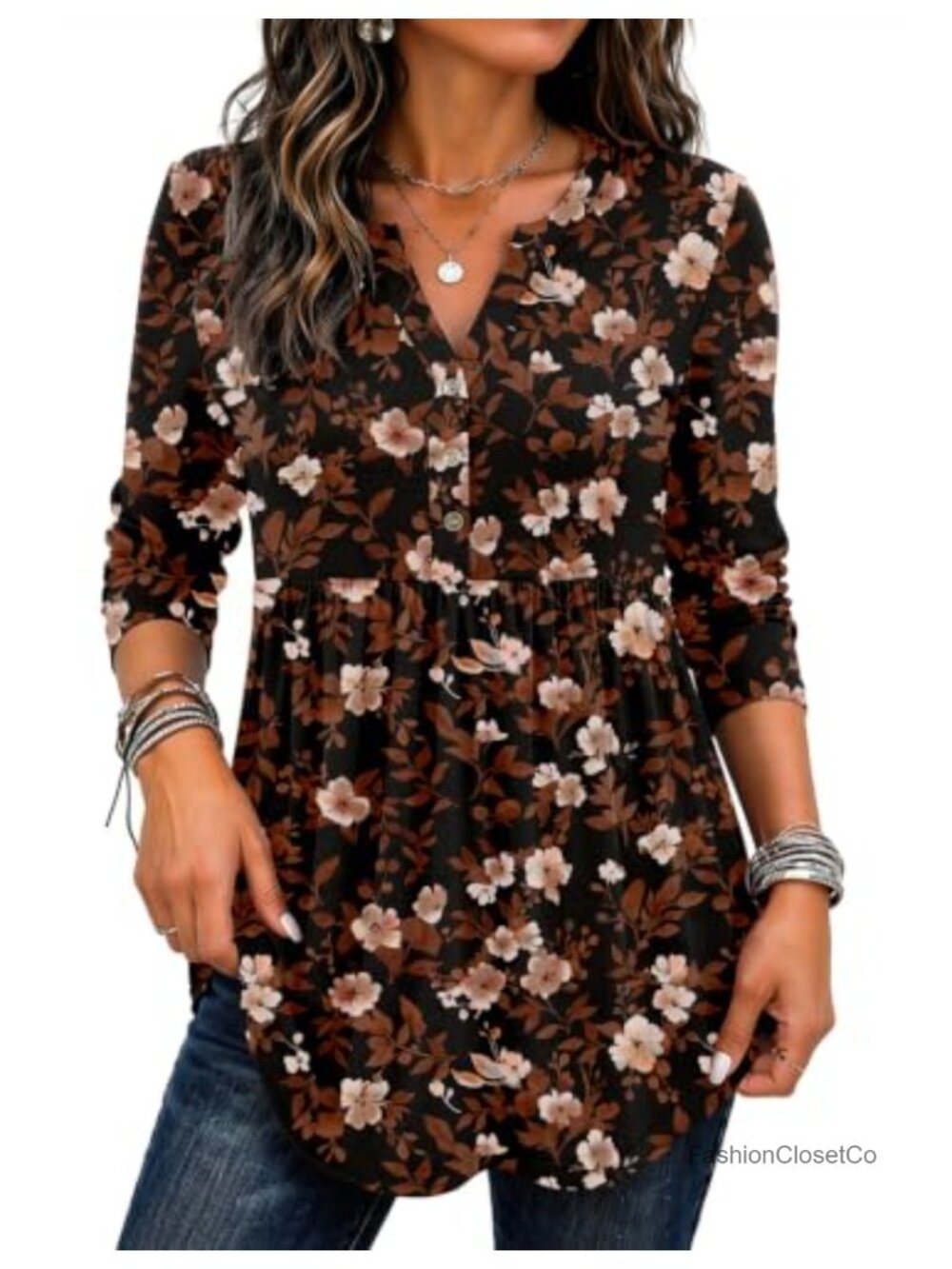 Womens Boho Henley Tunic Top Long Sleeve V-Neck Pleated Blouse Casual Fall Shirt
